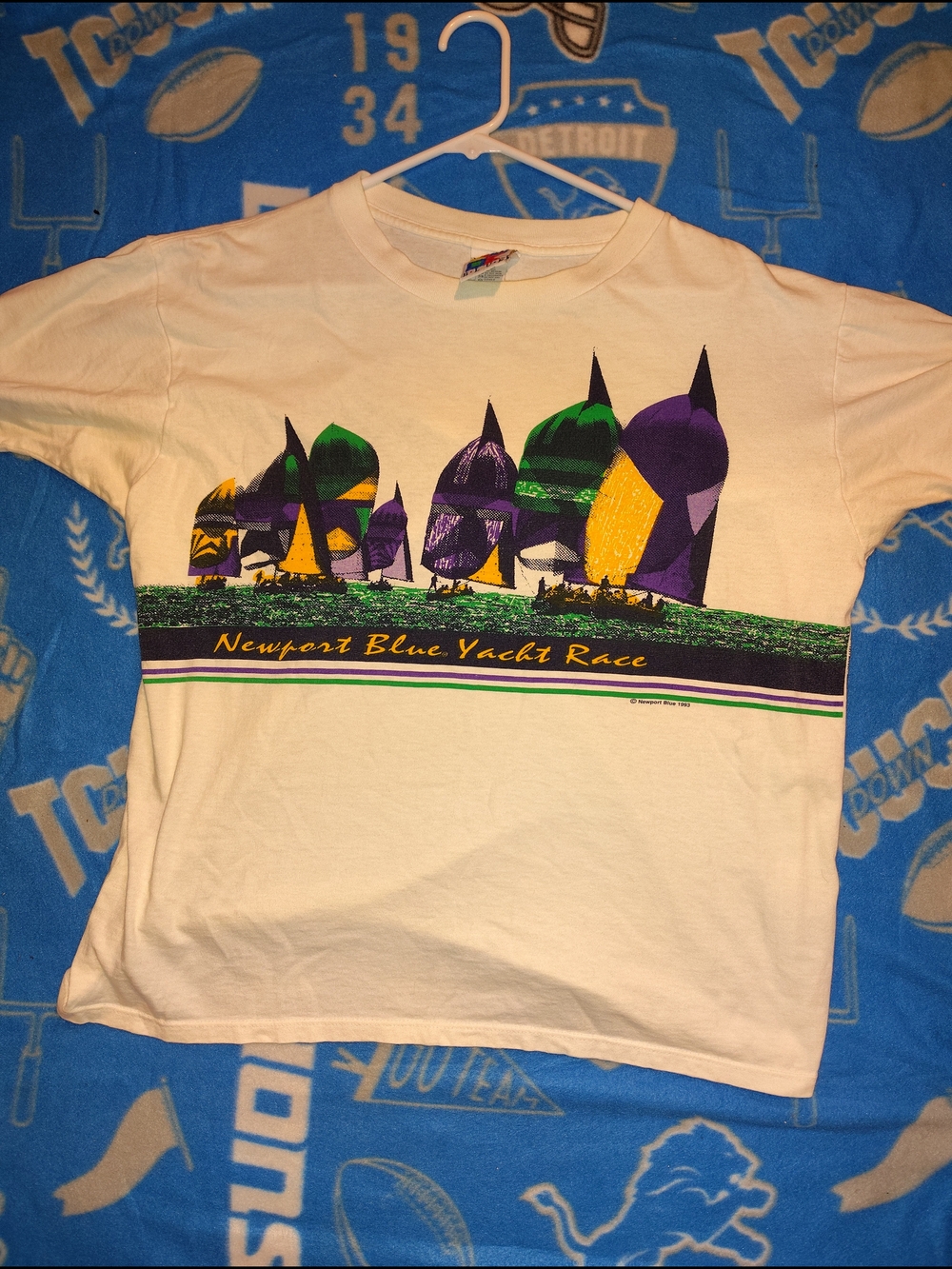 Newport White Tee with Purple, Green and Yellow Yacht Graphic